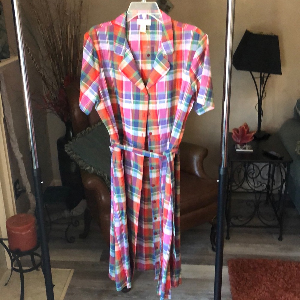 New APPLESEED’S Plaid SS Cotton Button Down Dress